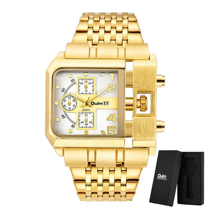Oulm Top Large Dial Men Watch Square Gold Quartz Wrist Watch for Man Sports Multi-Time Zone Military Male Waterproof 2023