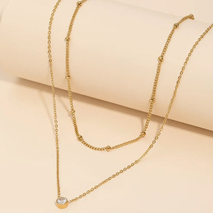 Stainless Steel Zirconia-Inlaid Pendant Double-Layer Necklace Ladies' Refined Luxury Elegant Layered Beaded Necklace Jewelry