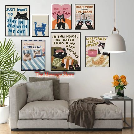 Funny Cats Cartoon Minimalist Drawing Lazy Cat in Bed Cozy Bedroom Pets Lovers Poster Canvas Painting Wall Pictures Home Decor
