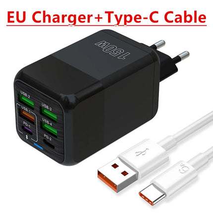 150W 6 Ports USB Charger PD Fast Charging Charger Wall Adapter EU/US/UK Plug Charger Quick Charge 3.0 Multi Ports Power Adapter