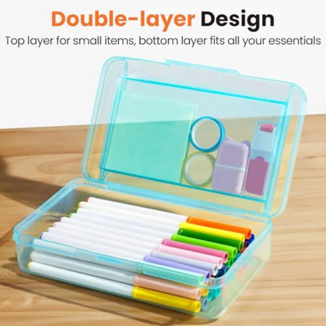 Double Layer Pencil Box, Large Hard Pencil Case Organizer, Plastic Crayon Box for Girls and Boys, Colored Marker Organizer, Sma