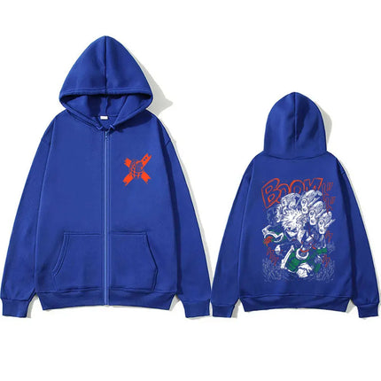 Anime My Hero Academia Zipper Hoodie Cartoon Bakugou Katsuki Graphic Zip Up Jacket Men Women Manga Oversized Zip Up Sweatshirt