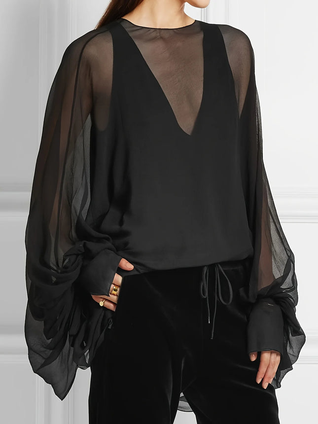 Chiffon Plus Size Blouse for Women Round Neck Lantern Sleeve Sheer See Through Long Sleeve Sexy Loose Casual Vintage Autumn Tops