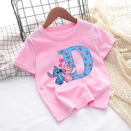 Stitch Disney T Shirt for Girls Children Clothes Tops Children's Clothing Letter A-Z Cotton Short Sleeve Summer Child Cute Gifts