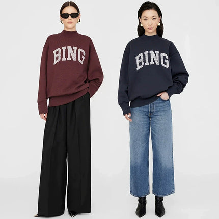 2025 Winter New North American Niche Classic Letter BING Printed Inner Fleece High Neck Loose Women's Sweatshirt