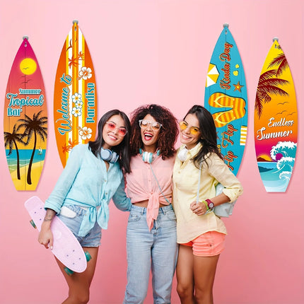 4Pcs Surfboard Party Banner Summer Wall Decor Surfboard Wall Hanging Banner Sign Beach Decoration Summer Theme Decor Hawaiian