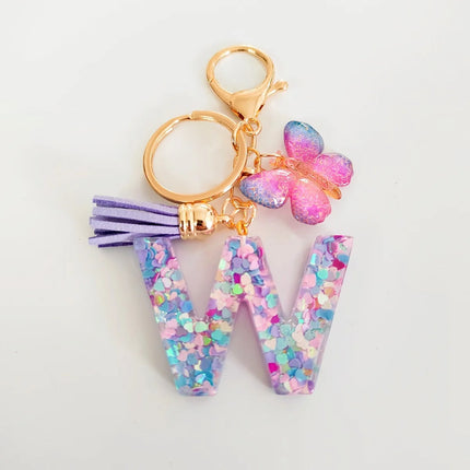 Fashion Butterfly Fringe Initial Keychain Drop Glue Blend Sequin A-Z26 Letter Keychain Cute Ladies Student Bag Accessory Gift