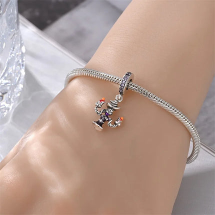 925 Sterling Silver Inlaid Heart-Shaped Beads & Rose Dangle Charm Fits Snake Bracelet Boutique Necklace Purple Pendant Gift