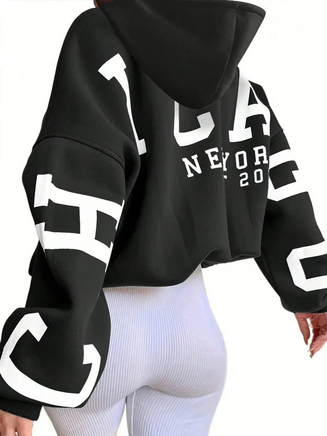 Letter Printed Long Sleeve Hoodie,Ladies Spring Fall Casual Drawstring Sleeve Hooded Regular Fit Drop Shoulder Women Hoodies