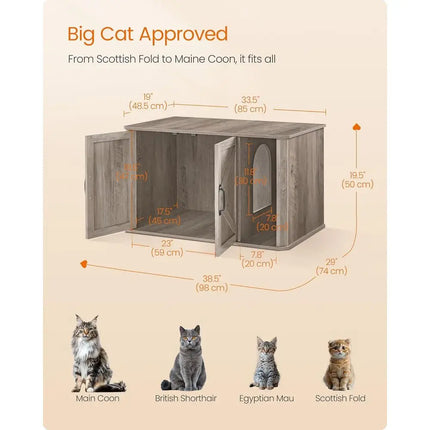 Hidden Cat Litter Box Enclosure with Front Entry, Double Doors, Handles, and Side Table, 33.5 x 19 x 19.5 Inches, Heather Grey