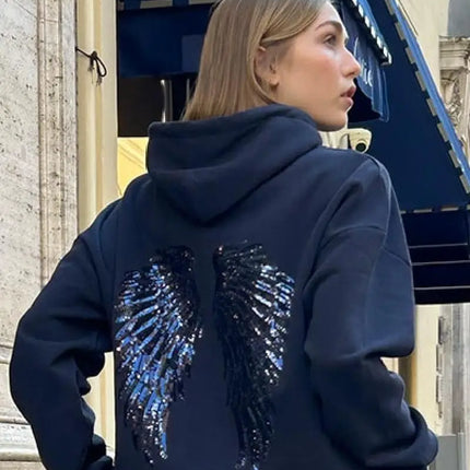 Women Fashion Sequin Angel Wings Printed Hoodies Casual Long Sleeved Hooded Solid Color Tops 2025 New High Street Y2k Outwear