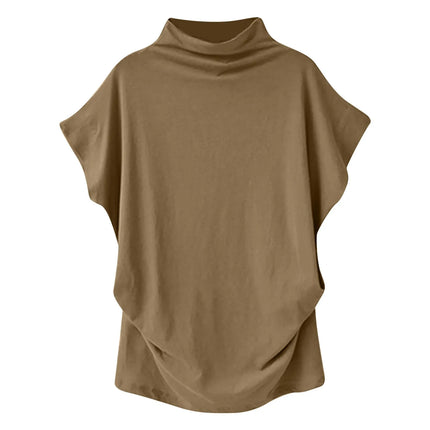 Ladies' New Trendy Fashion Solid Color Soft Turtleneck Top High-End Basic Daily Commute Thin Short Sleeve Pleated Clothing