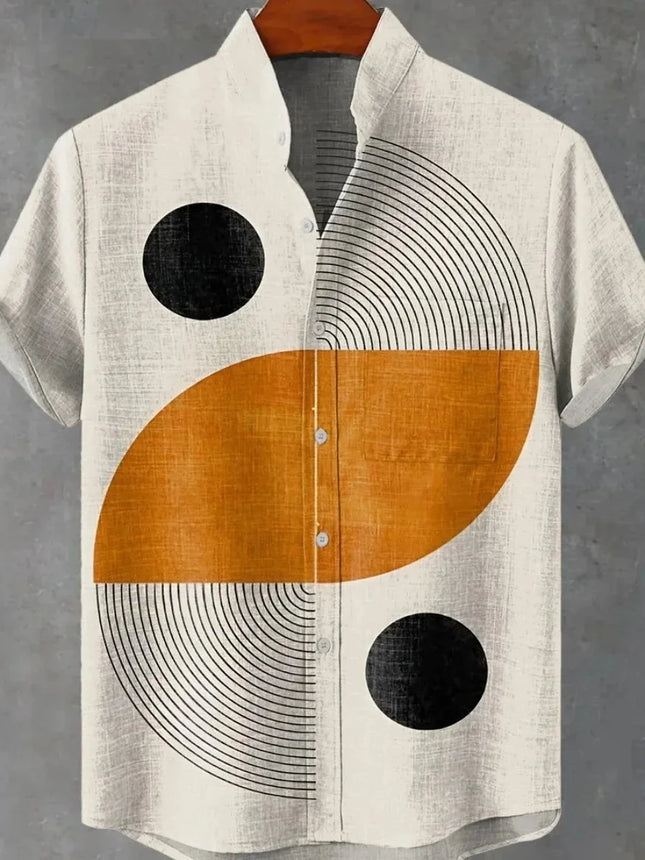 The new men's summer linen short-sleeved shirt features a pattern label. The clothing with artistic patterns, casual shirts.