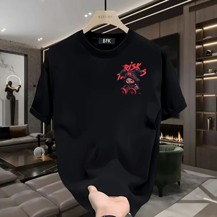 Hot selling men's high street cartoon printed polyester micro elastic breathable round neck T-shirt outdoor urban fashion top