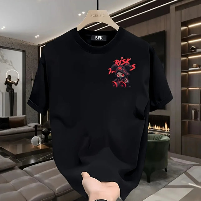Hot selling men's high street cartoon printed polyester micro-elastic breathable round neck T-shirt outdoor urban fashion top