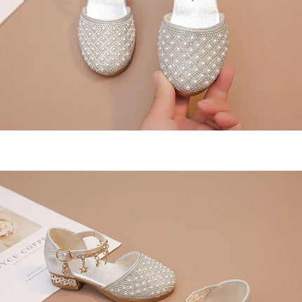 Girls High Heeled Shoes for Wedding Party Glitter Rhinestone Pendants Shiny Glitter Fashion Princess Kids Leather Dress Shoes