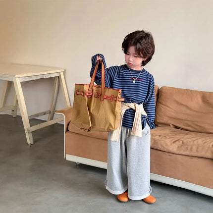 T-shirt 2026 Spring and Summer New Childrens Clothing Korean Boys and Girls Loose Shoulder Long Sleeve Stripe Letter T Sleeve
