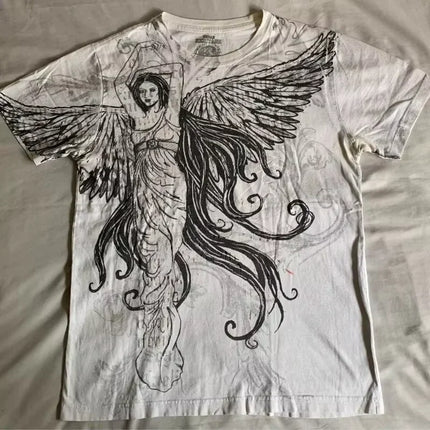 AFFICTION Red Goth Short Sleeves Men Women Vintage Cotton Couple Matching Hip Hop Streetwear Distressed Round Summer Grunge Tee