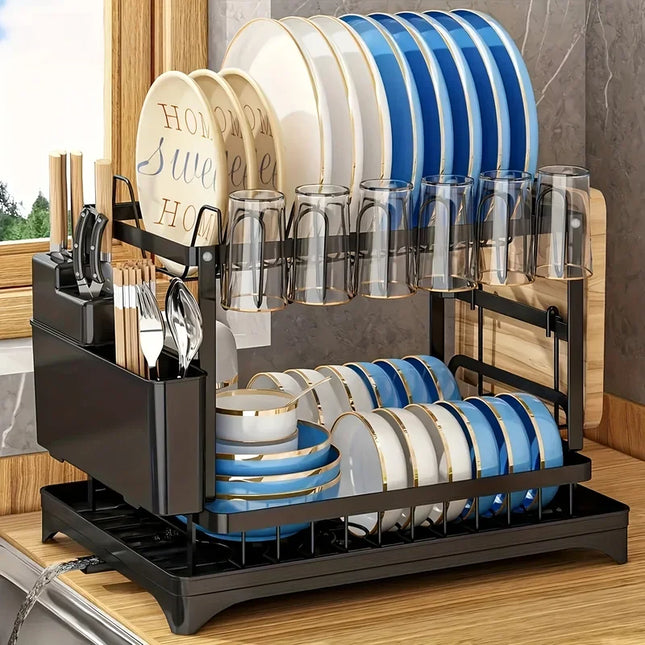 Double Layer Drainable Tableware Rack Large Capacity Metal Stand Lockable Bowl Holder Kitchen Storage Organizer