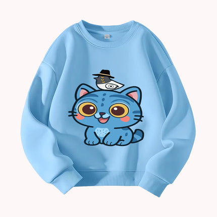 Cute Blue Cat with Hat Print Kids Sweatshirt Toddler Boys Girls Casual Long Sleeve Pullover Autumn Winter Clothes