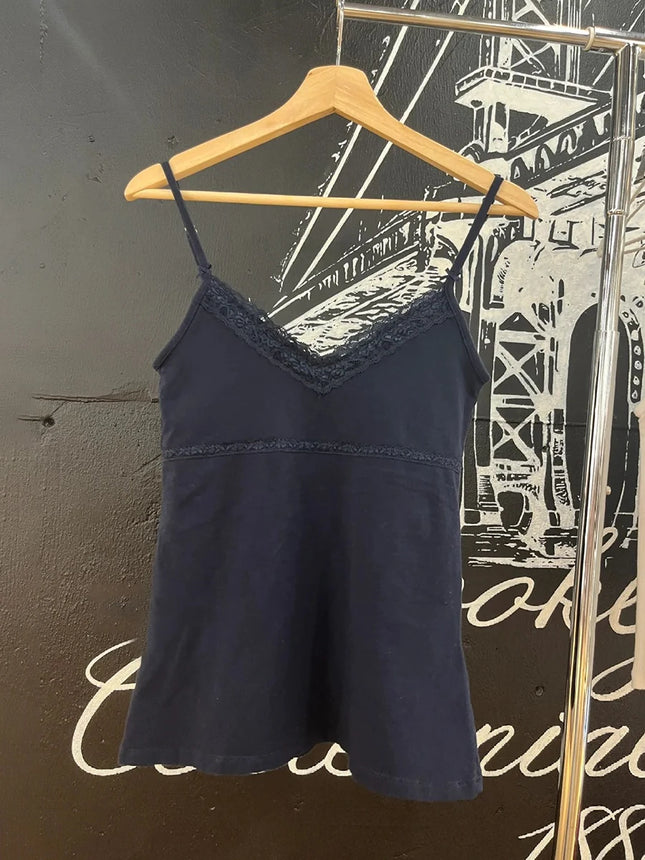 Navy Bow Lace Trim Slim Tank Top Women Sexy V Neck Cotton Sleeveless Cropped Vest Casual Vintage Sweet Summer Crop Top Y2k Camis