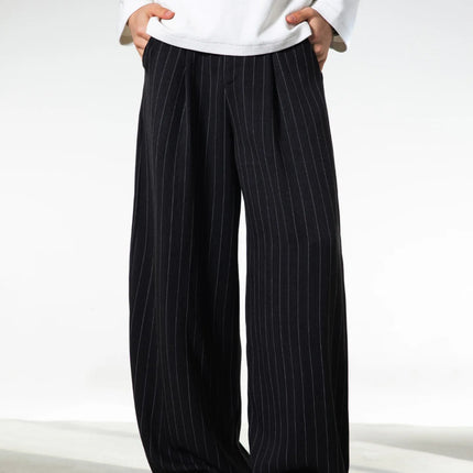 Retro Striped Drape Trousers for Men Loose-Fit Old Money Style Casual Trousers Straight-Leg Long Trousers