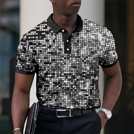 Summer Men's Polo Lapel Golf Shirt with Printed Geometric Pattern Fold