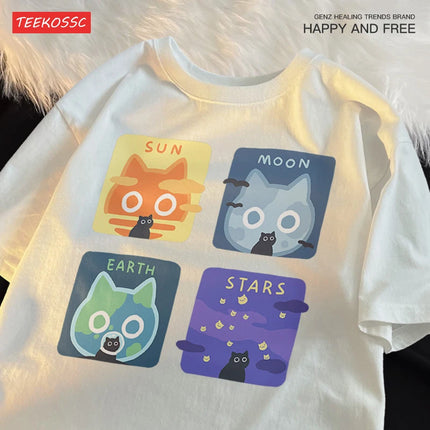 Astronomical Cat Triple Summer Loose Short-sleeved T-shirt Men Women Japanese Style Men's Pure Cotton Sun Moon Earth Couple Tee