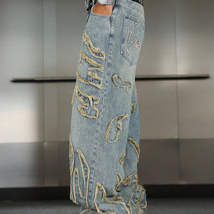 Men's Street Style Casual Patchwork Embroidered Frayed Hem Macau Blue Denim Jeans Trendy Loose Fit Straight Leg Pants