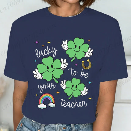 St Patrick's Day Teacher Shirt, Lucky Teacher Women's T-Shirts，Retro T-Shirts，unisex Tops Tees,short Sleeve Women's Clothing