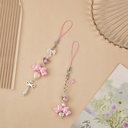 Y2K Pink Bowknot Heart Beaded Keychain Sweet Cute Mobile Phone Lanyard Fresh All-match Bag Pendant Purse Hanging Decoration