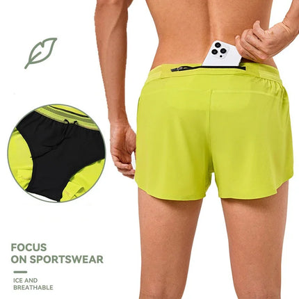 Mens Ice Silk Double Deck Shorts Quick Dry Solid Color Running Fitness Sports Casual Jogging  Summer Breathable Sweatpants Short
