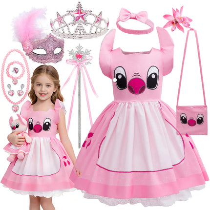 2026 New Disney Movie Lilo & Stitch Girls Cosplay Angel Stitch Pink Cute Princess Cartoon Halloween Carnival Role Play Dress Set