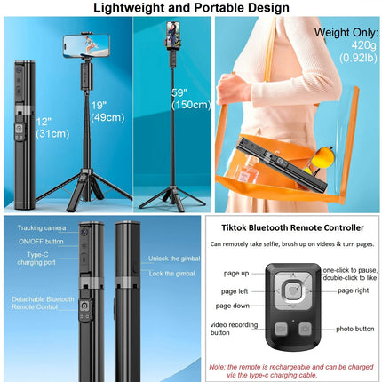 Auto Face Tracking Tripod 360° Rotation for iPhone Android, 59'' Auto Tracking Phone Holder Tripod Selfie Stick for Video Vlogs