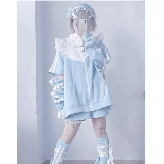 Japanese Subculture stitch Patchwork Hoodies Women's Autumn 2024 Ruffled Edge Harajuku Y2k Hoodie 2000s Loose Zipper Sweatshirts