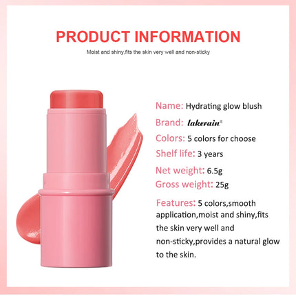 Lakerain Hydrating Glow Blush Waterproof Non-sticky Natural Saturated Blush Stick Long-lasting Moisture Brightening Jelly Blush