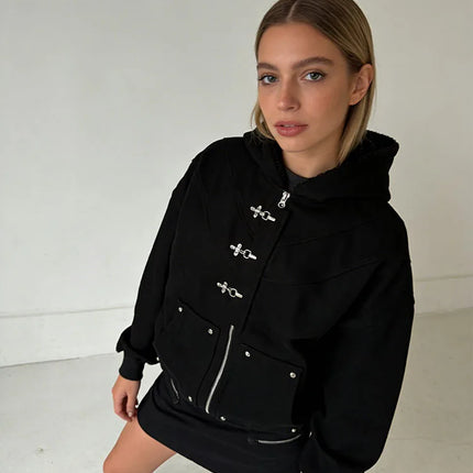 Black Hooded Jacket with Zipper And Metal Buckle Wool Lined Warm Casual Streetwear Loose Work Pants Winter Fashion Set