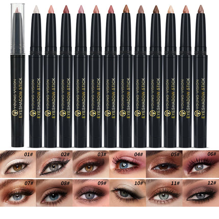 YOUNG VISION 12 Color Eyeshadow Stick Waterproof  Pearl Shimmer cream formula easy to color fine and smooth Woman makeup