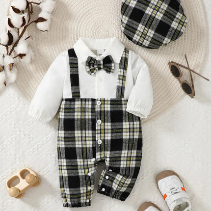 Newborn Literary Style Boy Baby Lapel False Strap Black Plaid Color Matching Jumpsuit Long Sleeve Button Cardigan Pantyband Hat