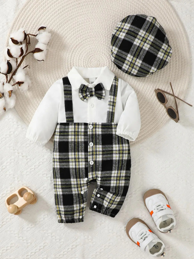 Newborn Literary Style Boy Baby Lapel False Strap Black Plaid Color Matching Jumpsuit Long Sleeve Button Cardigan Pantyband Hat