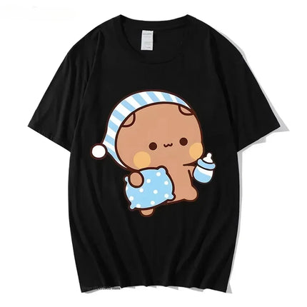Couple T-shirt Cute BuBu Panda Going to Sleep with DuDu Bear Graphic T-shirt Women Clothes Sleeve Tops Women's Clothing