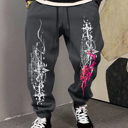 Vintage Contrast Cross Tribal Print Khaki Jogger Pants Men Elastic Cuff Drawstring Tapered Gothic Daily Street Sweatpants