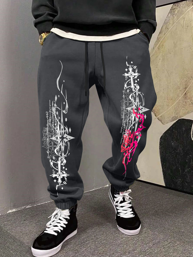 Vintage Contrast Cross Tribal Print Khaki Jogger Pants Men Elastic Cuff Drawstring Tapered Gothic Daily Street Sweatpants