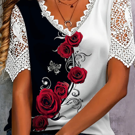 New Boho Flower Blouses Womens Fashion Shirt V-Neck Short Sleeve Flower Print Shirt Tops Casual Loose Ladies Floral Lace