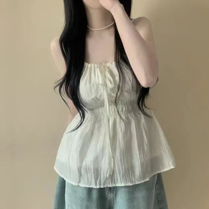 Sexy Summer Design D-string Strap Folded Waist Slimming Women's Casual Sexy Vest Top with Belt Polyester Fiber Thin Model