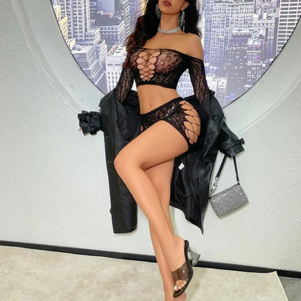Women Sexy Hole Skirts Sets Lingerie Fish Netting Outfit Club Tearable Lace Underwear Black Fishnet Night Dress Suits 2 Pecs