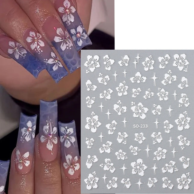 Hibiscus Flower 3D Nail Stickers Cherry Blossom Floral White Florals Petal Nail Art Decals Sliders Manicure Nail Tips Decor