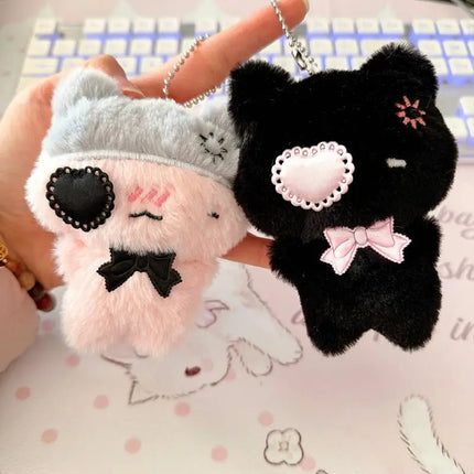 Cute Cartoon Plush Kitty Keychain Kawaii Black & Pink Cat Doll Backpack Decoration Pendant Bag Charm Accessory Gift