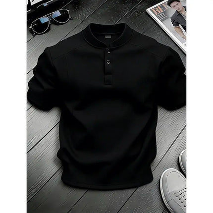 White Henry Collar  Shirt Men's Summer Splice Design Short Sleeve Cleanfit Heavyweight Half Sleeve Business Casual T-Shirt