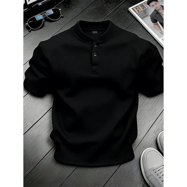 White Henry Collar  Shirt Men's Summer Splice Design Short Sleeve Cleanfit Heavyweight Half Sleeve Business Casual T-Shirt